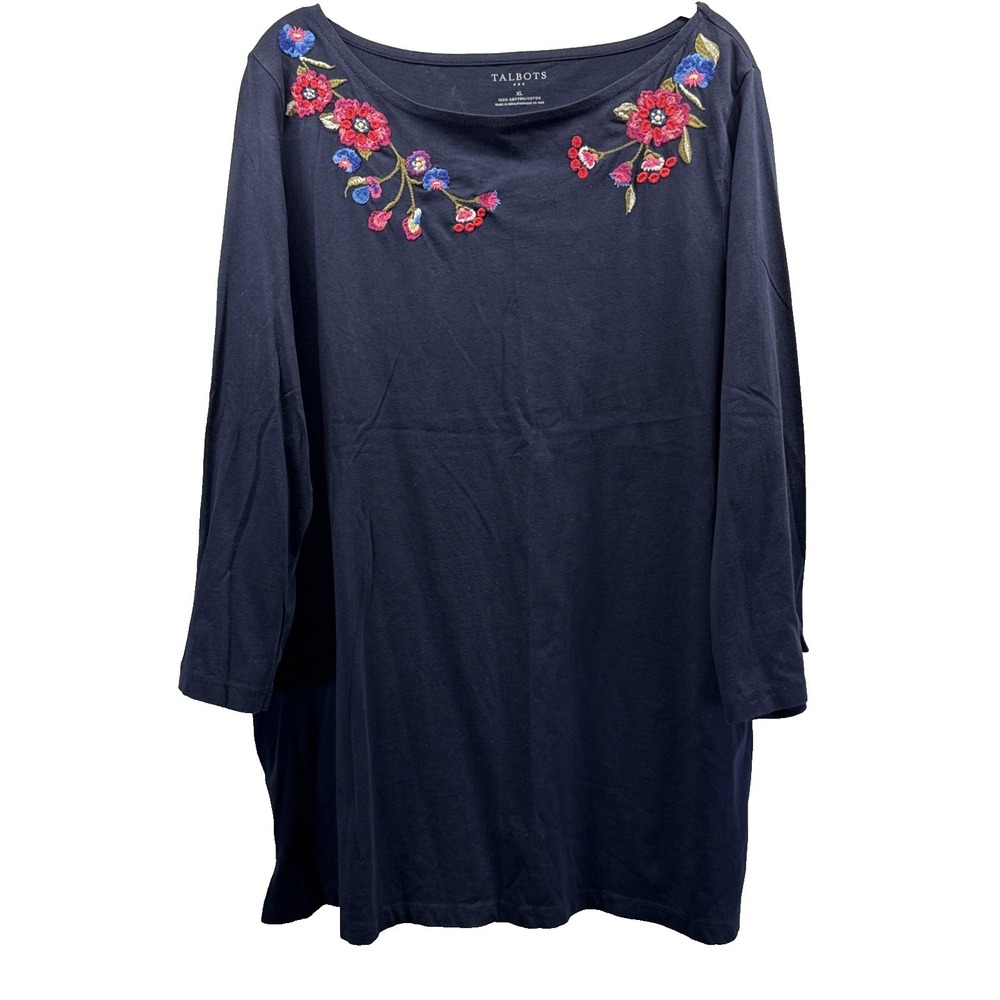 Talbots Women's Tunic Top Sz XL Blue Floral Embroidered 3/4 Sleeves Tie Pullover